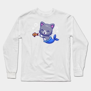 Cute Mermaid Cat With Fish Cartoon Long Sleeve T-Shirt